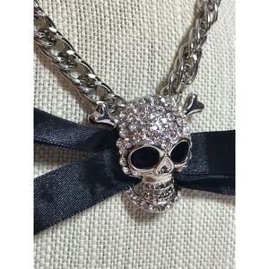 Skull and Bones Pendant Rhinestone Choker Necklace Silver-Tone Black Ribbon